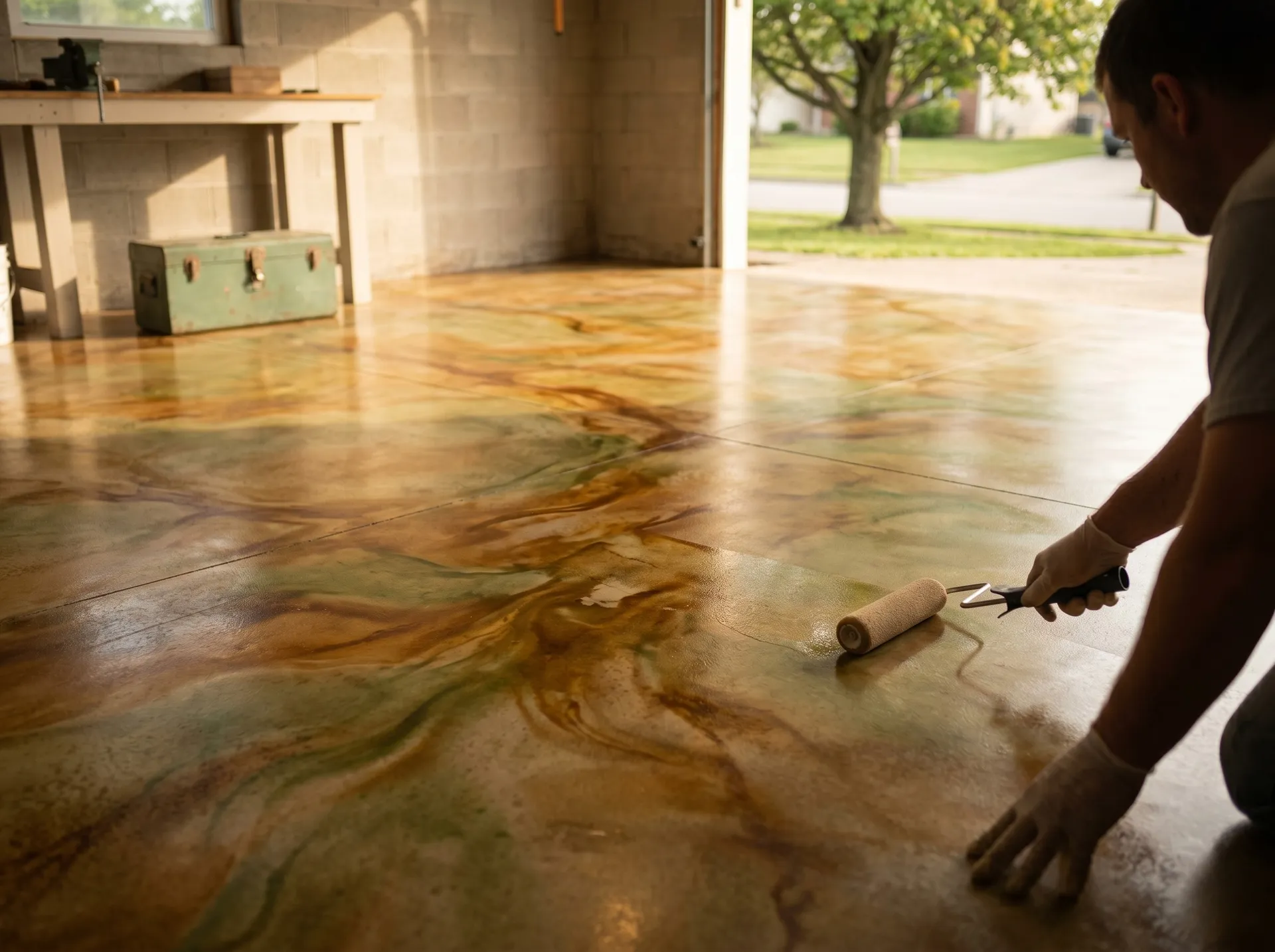 Multi-color acid stain on garage floor, Warrick County