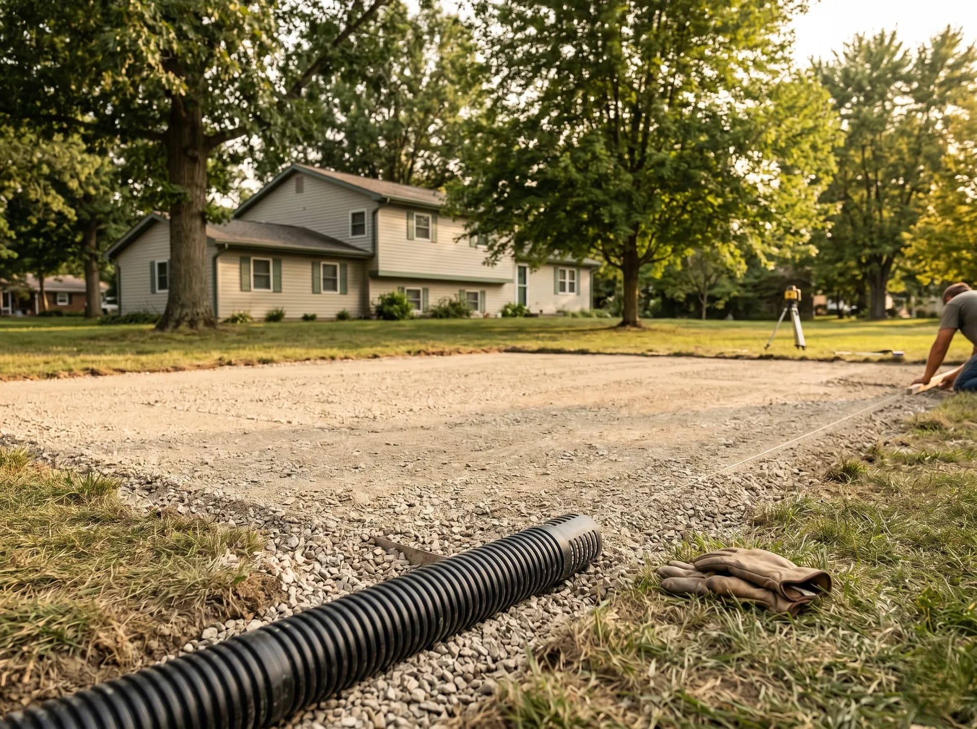 Backyard patio grading with drainage in Warrick County